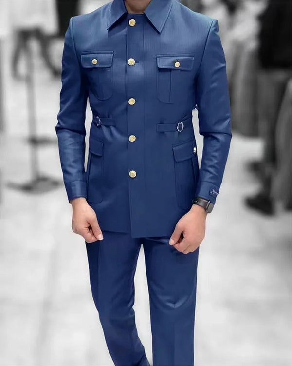 Safari-Inspired Slim Fit Suit Set - Polo Collar Blazer & Tailored Pants for Effortless Casual Style